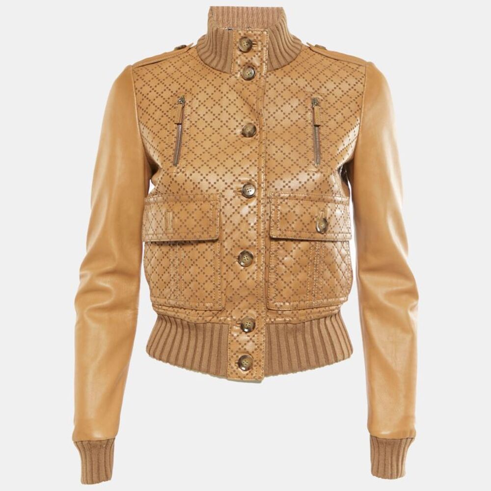 Gucci Brown Perforated Leather Bomber Jacket S
